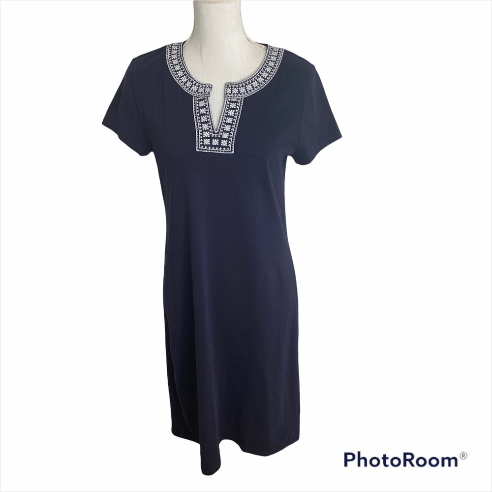 Talbots Embroidered Blue Sheath Dress Small Women Surplice Neck Short Sleeve